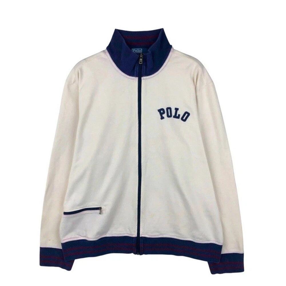 Vtg Ralph Lauren POLO full-zip LOGO White sweatshirt Contrast Trim Men’s Sz XL - Picture 1 of 13